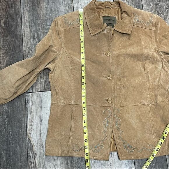 Brandon Thomas Tan Leather Jacket Cutout Turquoise Design Beaded Detail Medium - Picture 16 of 16